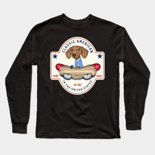 Cute Doxie Dog driving retro classic hotdog car on Dachshund Classic American Long Sleeve T-Shirt